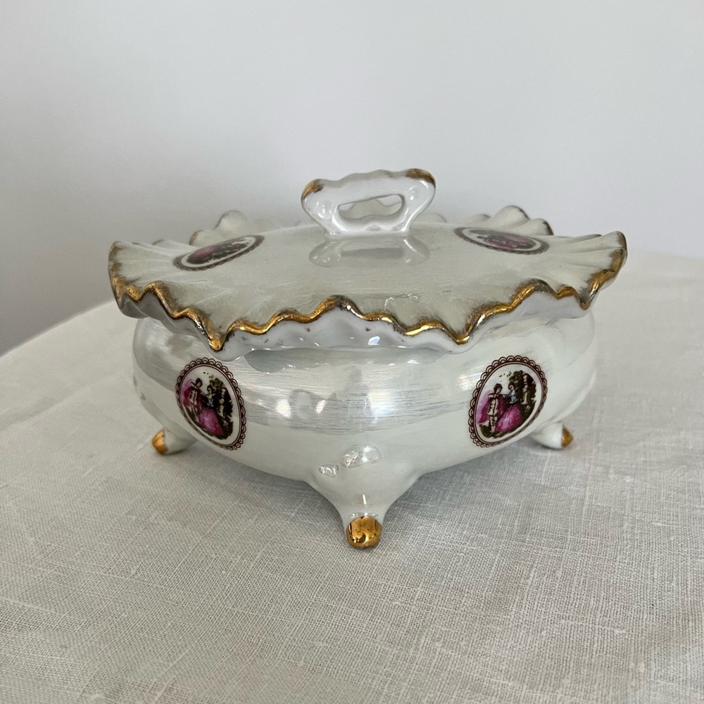Porcelain Footed Trinket Box Iridescent Oval Diamond Shaped Fine China 6”